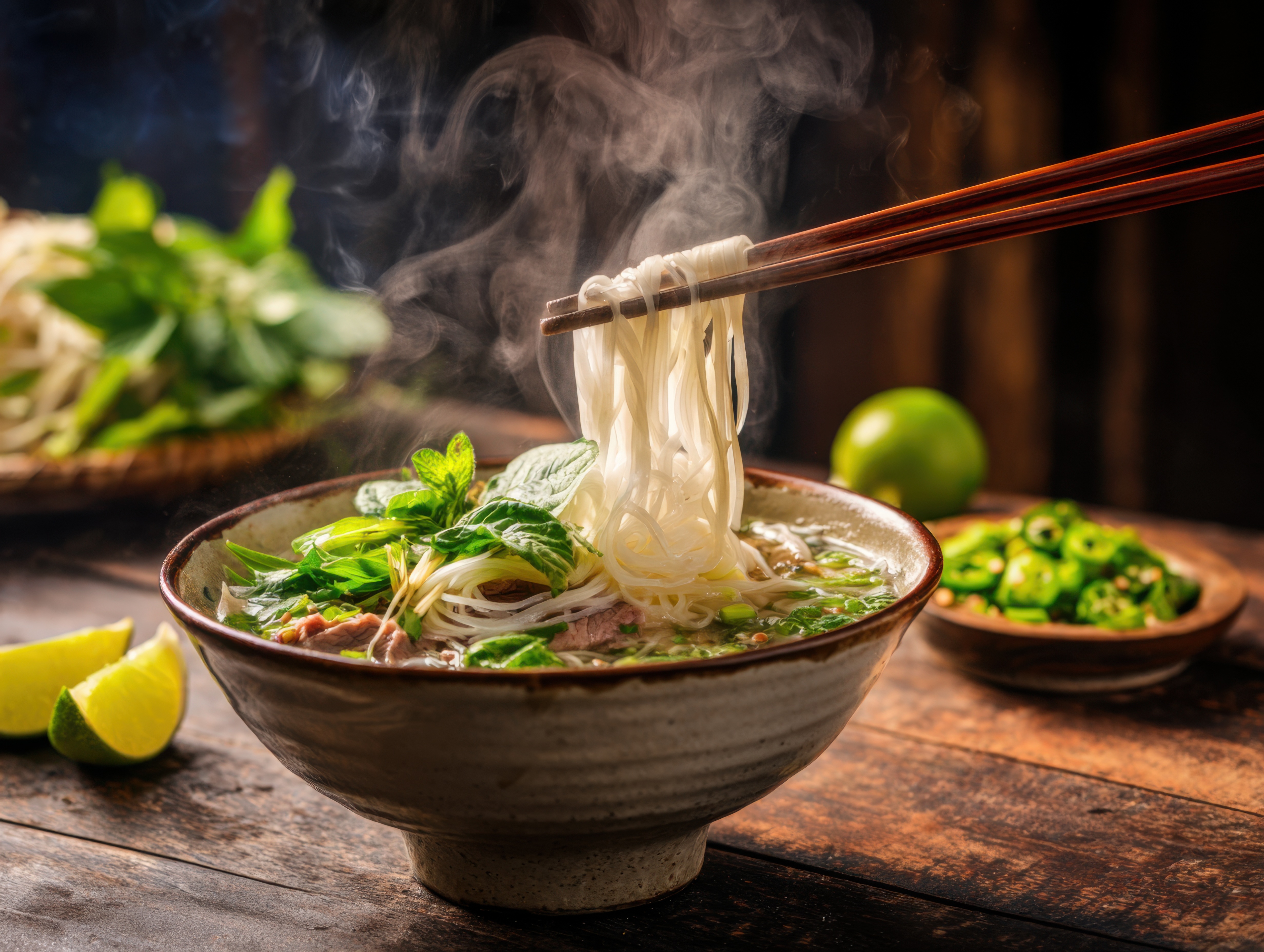 Steaming pho noodle soup